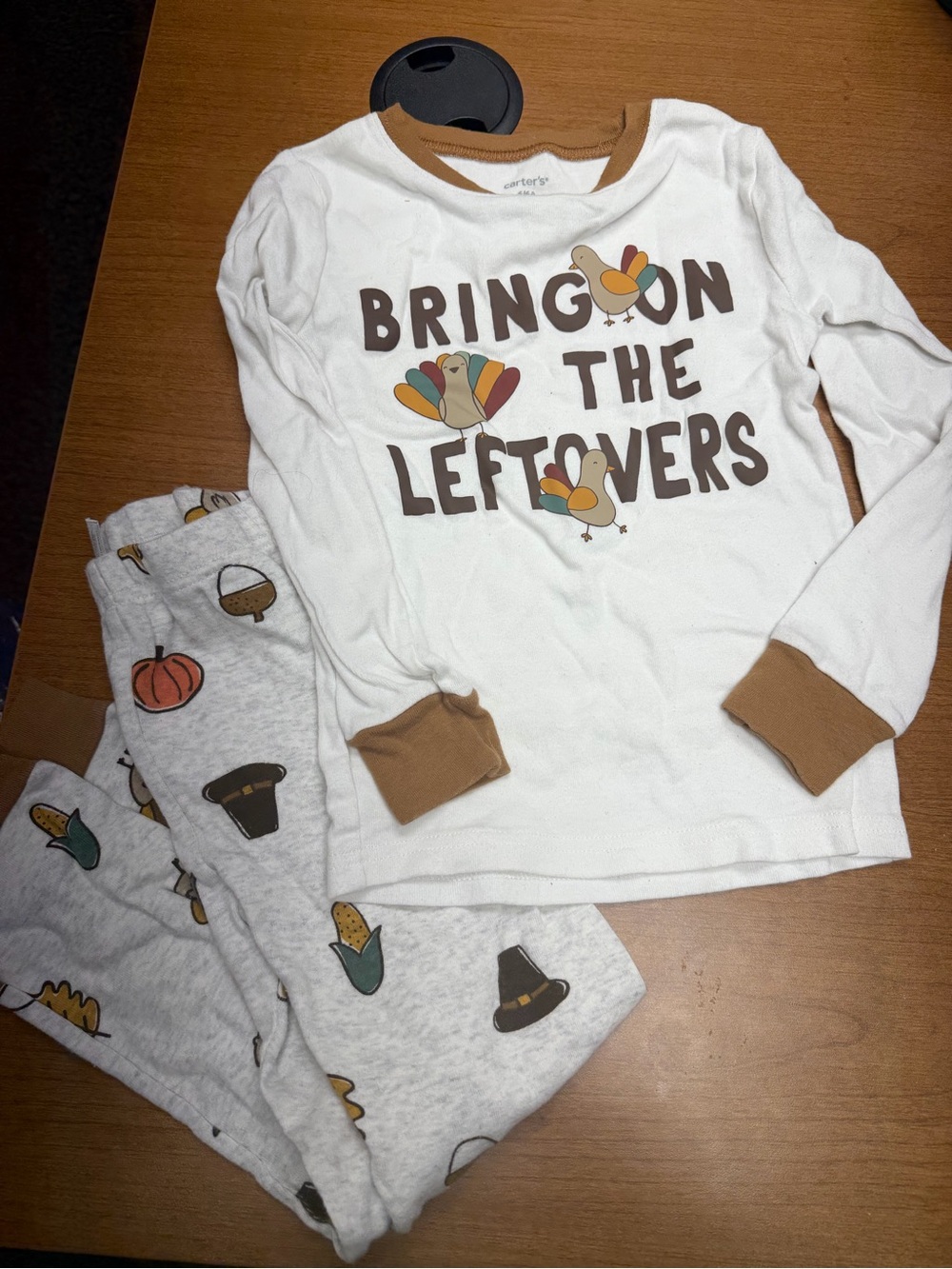 Carter's White and Brown Thanksgiving Pajama Set with Turkey Print